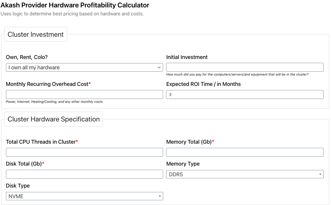 Akash provider profitability calculator showing hardware cost, monthly overhead and ROI inputs