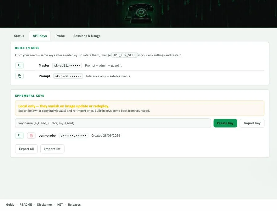 Uplink API Keys tab with Master and Prompt keys masked and one named ephemeral key