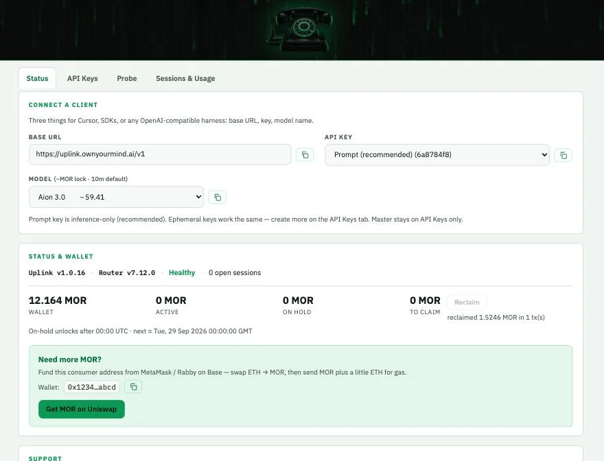 Uplink Status tab showing the connect-a-client panel and the wallet, active, on hold and to claim MOR buckets
